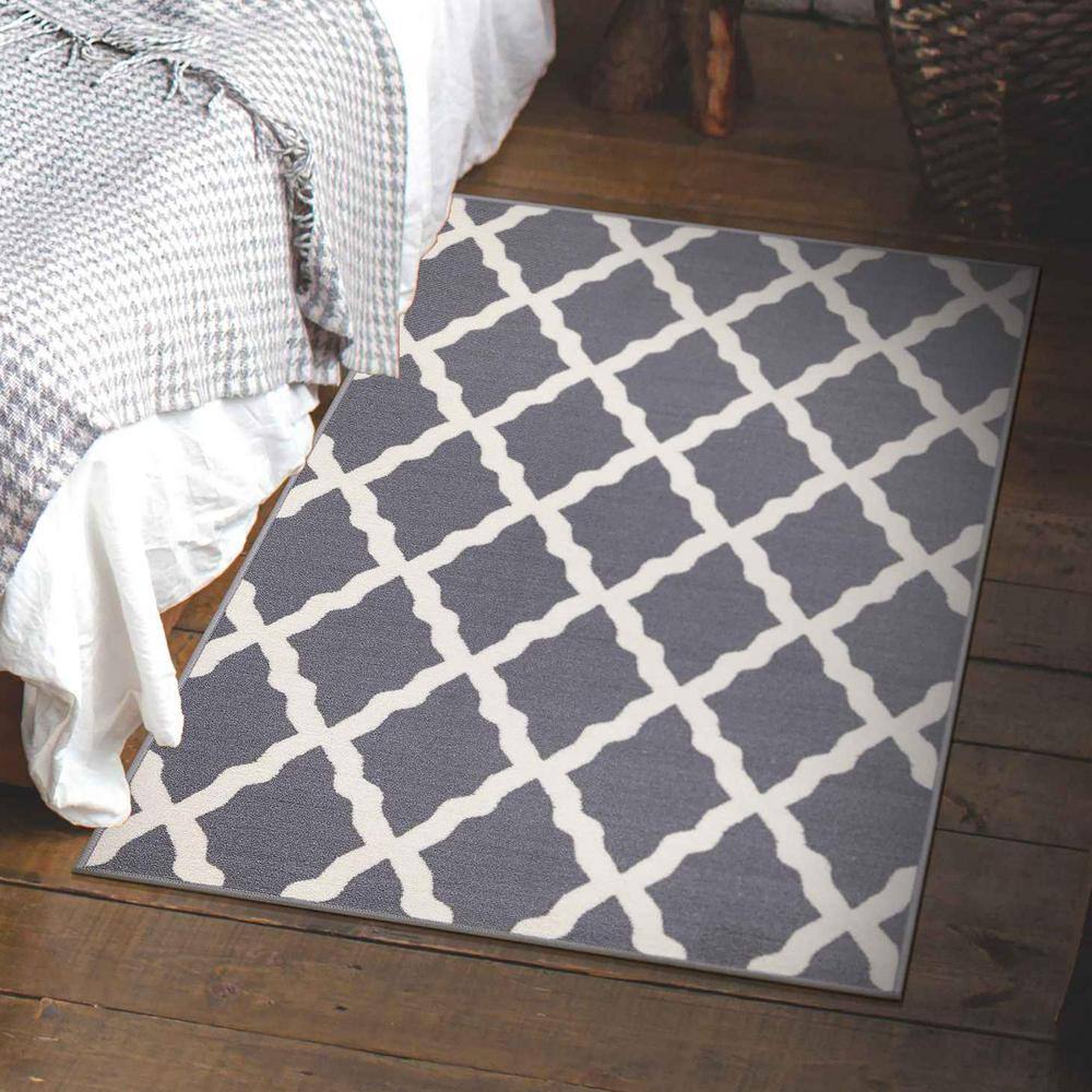 Gray and White Washable Non-Slip Trellis Area Rug