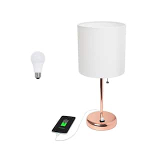 19.5 in. Contemporary Bedside USB Port Base Standard Metal Table Desk Lamp in Rose Gold, White Shade, with LED Bulb