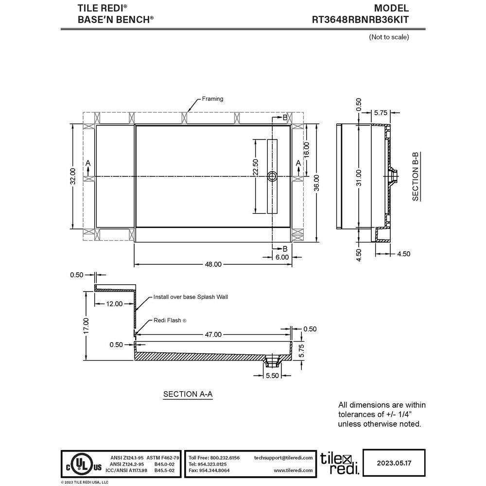 Beige 60" x 36" Shower Pan and Bench with Brushed Nickel Drain