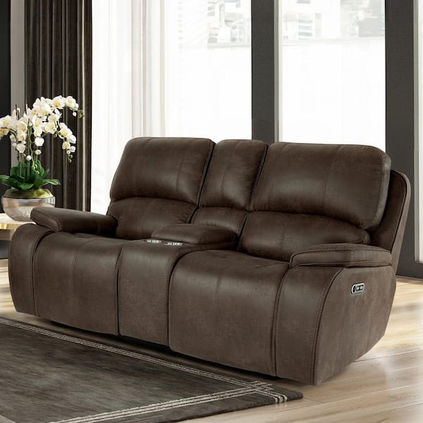 New Classic Furniture Brookings 78.7 in. Brown Polyester 2-Seater Console Loveseat with Power Footrest and Headrest