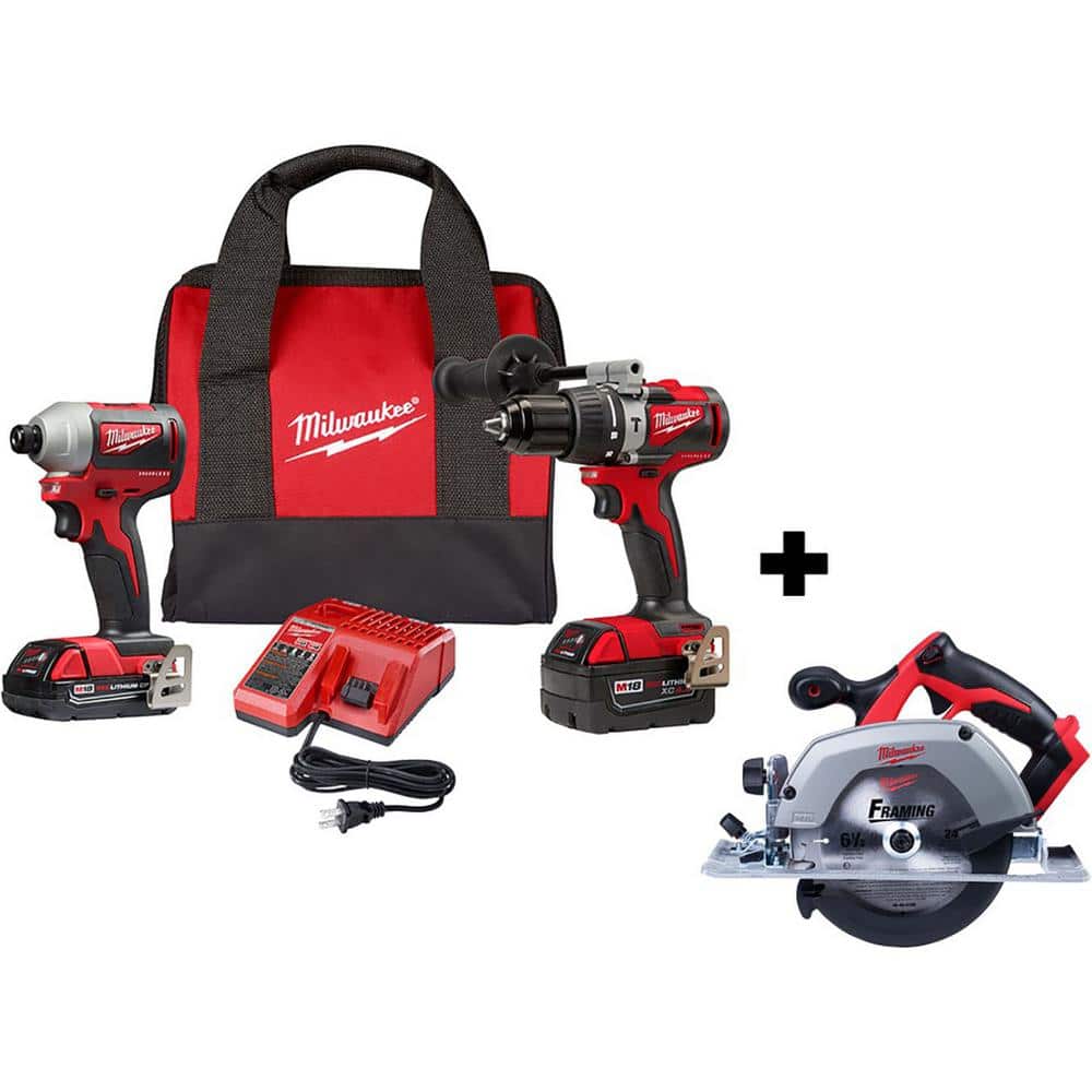 Milwaukee M18 18V Lithium-Ion Brushless Cordless Hammer Drill and Impact Combo Kit (2-Tool) W/ 6-1/2 in. Circular Saw -  2893-22CX-2630