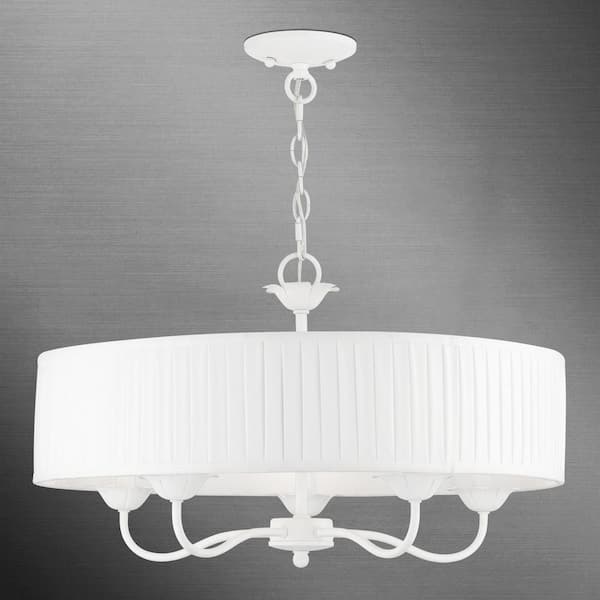 AVIANCE LIGHTING Northbrook 5-Light White Drum Pendant Chandelier with Pleated Off-White Fabric Shade