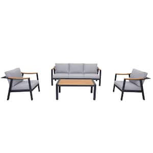 Nova 4-Piece Aluminum and Teak Outdoor Sectional Sofa Set with Stationary Chairs with Grey Cushions