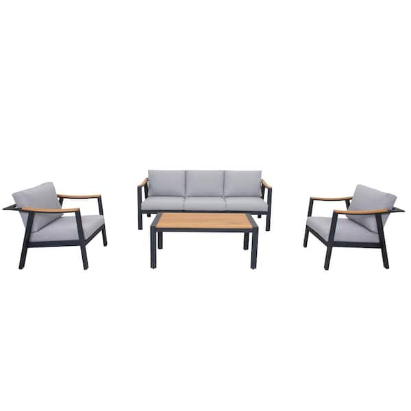 Patio Time Nova 4-Piece Aluminum and Teak Outdoor Sectional Sofa Set with Stationary Chairs with Grey Cushions
