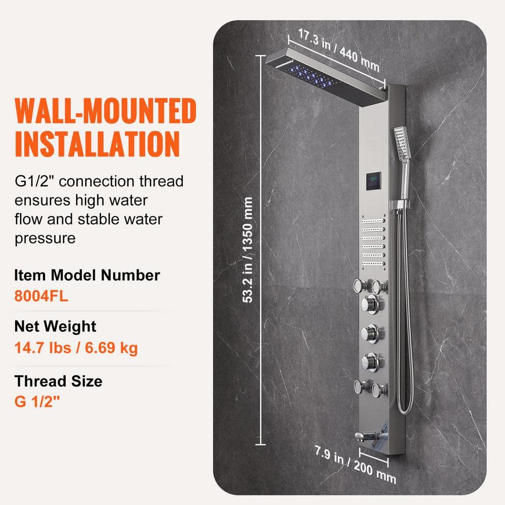 53'' Stainless Steel Shower Panel with LED Display and Massage Jets