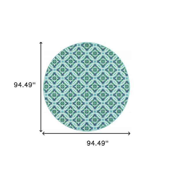 Blue, Green 8 ft. x 8 ft. Loomed Geometric Polypropylene Round Indoor/Outdoor Area Rug
