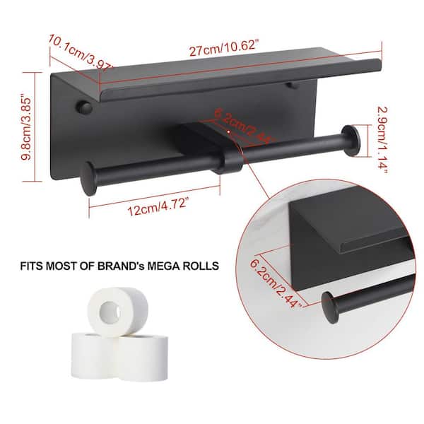 Wall Mount Double Toilet Paper Holder with Phone Shelf in Matte Black for Space Saving, Fits Standard Rolls