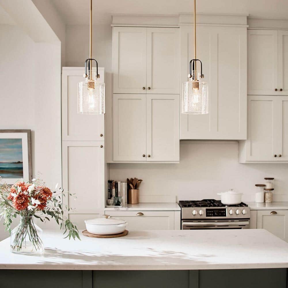 Kitner Vintage Industrial 1-Light Pendant in Natural Brass with Clear Seeded Glass