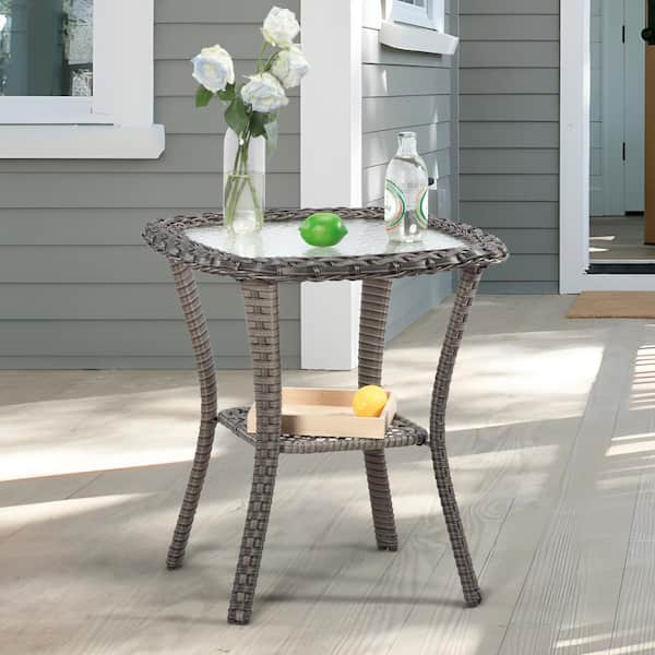 Brown Wicker Outdoor Patio Coffee Table Square Side Table