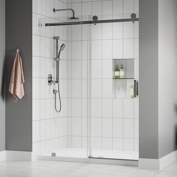 Kobiworks Serenity 48 in. W x 76 in. H Single Sliding Frameless Shower Door in Brushed Nickel with 3/8 in. Clear Glass