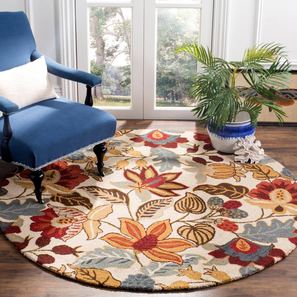 Handmade Ivory and Multicolor Floral Wool Round Area Rug, 6'