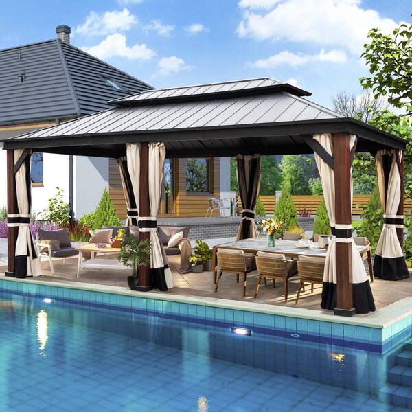 Mondawe 12 ft. x 20 ft. Outdoor Aluminium Frame Patio Gazebo Canopy Tent Shelter with Iron Hardtop Roof,Curtain Netiing Pavilion