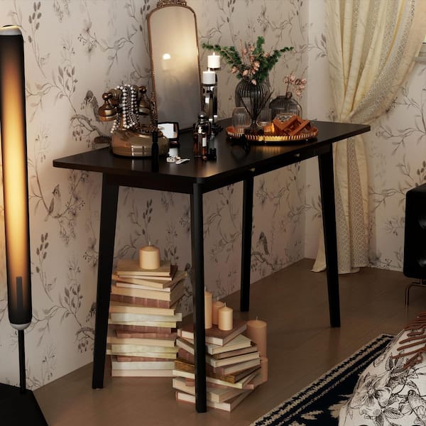 1-Piece Black Wood Makeup Vanity Table, Writing Desk, Computer Desk with 2-Drawer, 47.2 in W x 21.7 in. D x 30 in. H
