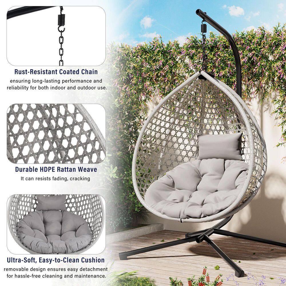 Gray rattan weaving free standing hammock chair with detailed feature callouts.