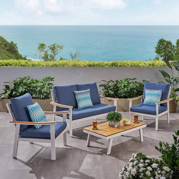 Noble House Sinclair White 4-Piece Aluminum Patio Conversation Set with Navy Blue Cushions