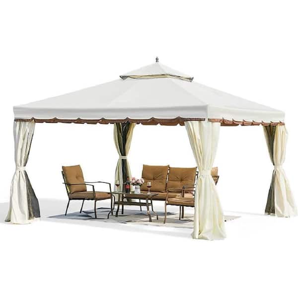 Unbranded 12 ft. x 12 ft. Outdoor Canopy Gazebo Double Roof Patio Steel Frame with Netting Shade Off-White