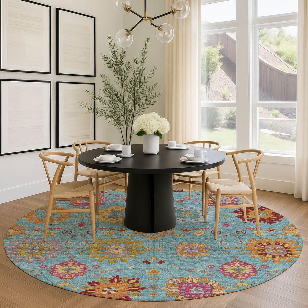 Chantille Machine Washable Indoor/Outdoor Abstract ACN2288 Teal 8 ft. x 8 ft. Round Rug price history on PriceWatchPro
