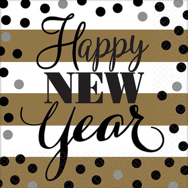 Amscan New Year's 5 in. x 5 in. White and Gold Golden New Year Beverage Napkin (5-Pack)