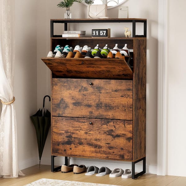 55 in. H x 31.5 in. W Rustic Brown Shoe Storage Cabinet with 3-Flip Drawers, 24-Pairs Shoe Cabinet for Entryway