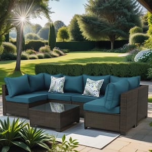 Brown Frame 7-Piece Wicker Outdoor Sofa Sectional Set with Peacock Blue Cushions