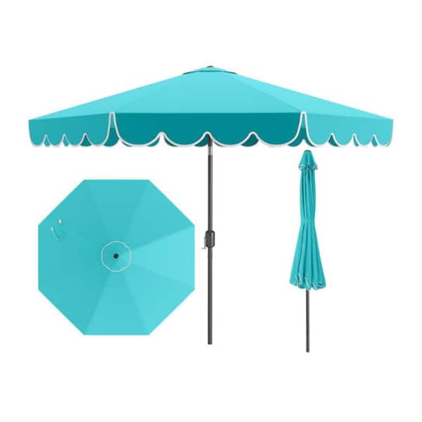 10 ft. Outdoor Patio Umbrella in Turquoise with Auto Tilt Crank Ruffled Edge Sunshade Canopy for Garden Table Pool Deck
