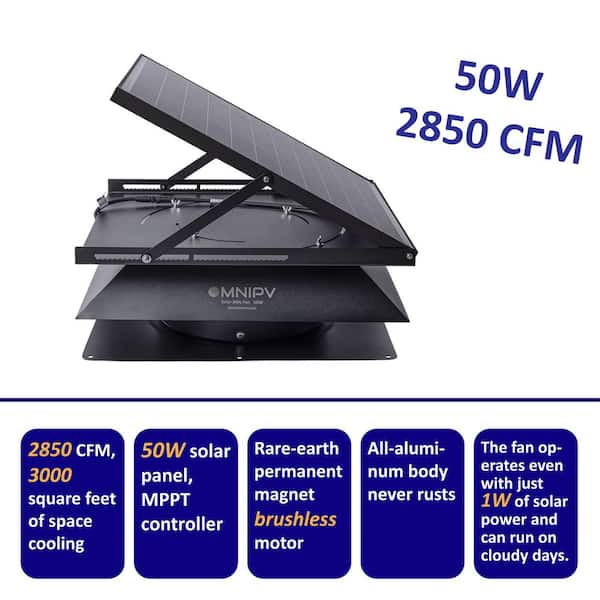 OMNIPV 2850 CFM Smart Hybrid Solar Powered Aluminum Attic Exhaust Fan, Auto On/Off Thermostat, Cools up to 4000 sq. ft. OP-SAF-50