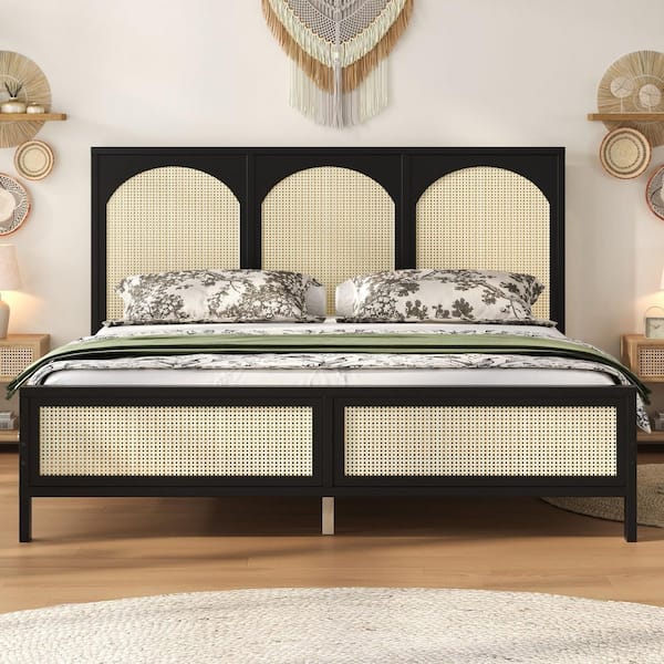 Black Wood Frame Queen Platform Bed with Rattan Headboard and Footboard