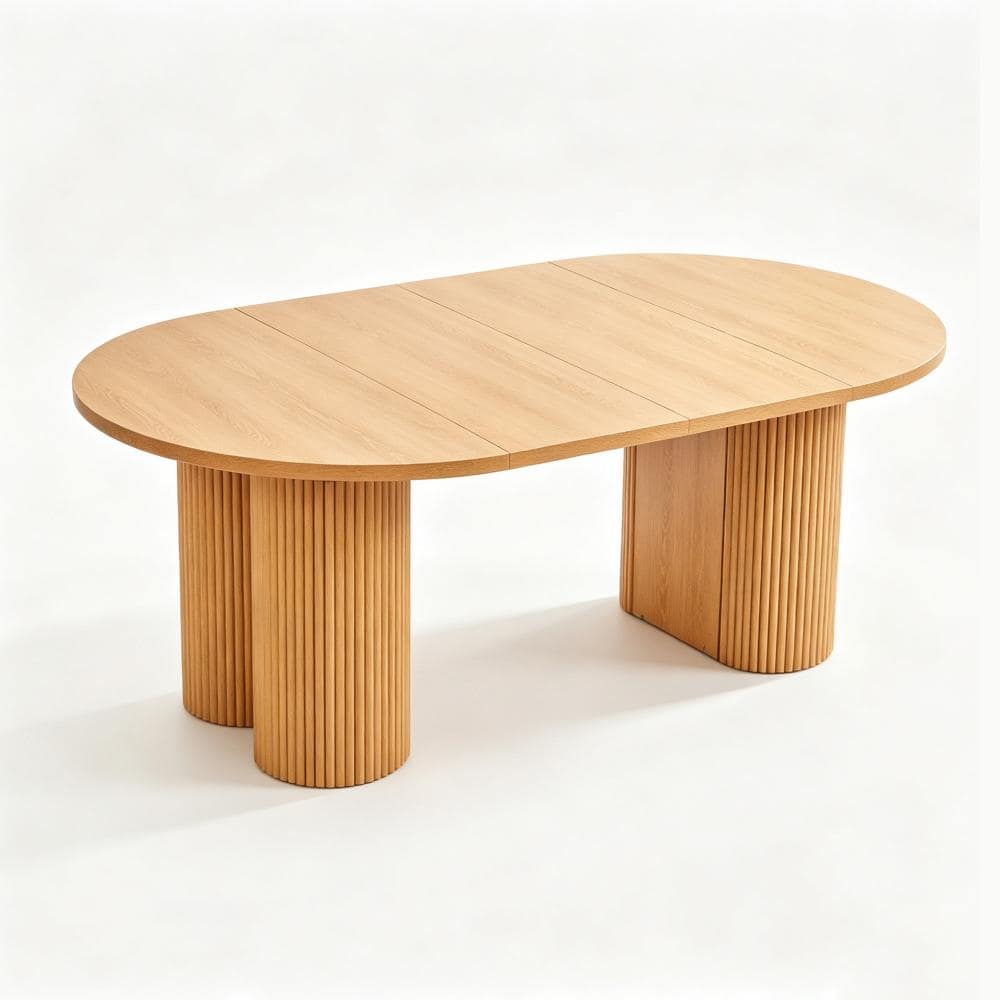 43.31"‑74.8" Natural Expandable Round Dining Table, Fluted Pedestal Legs, Extendable Table Seats 2‑8