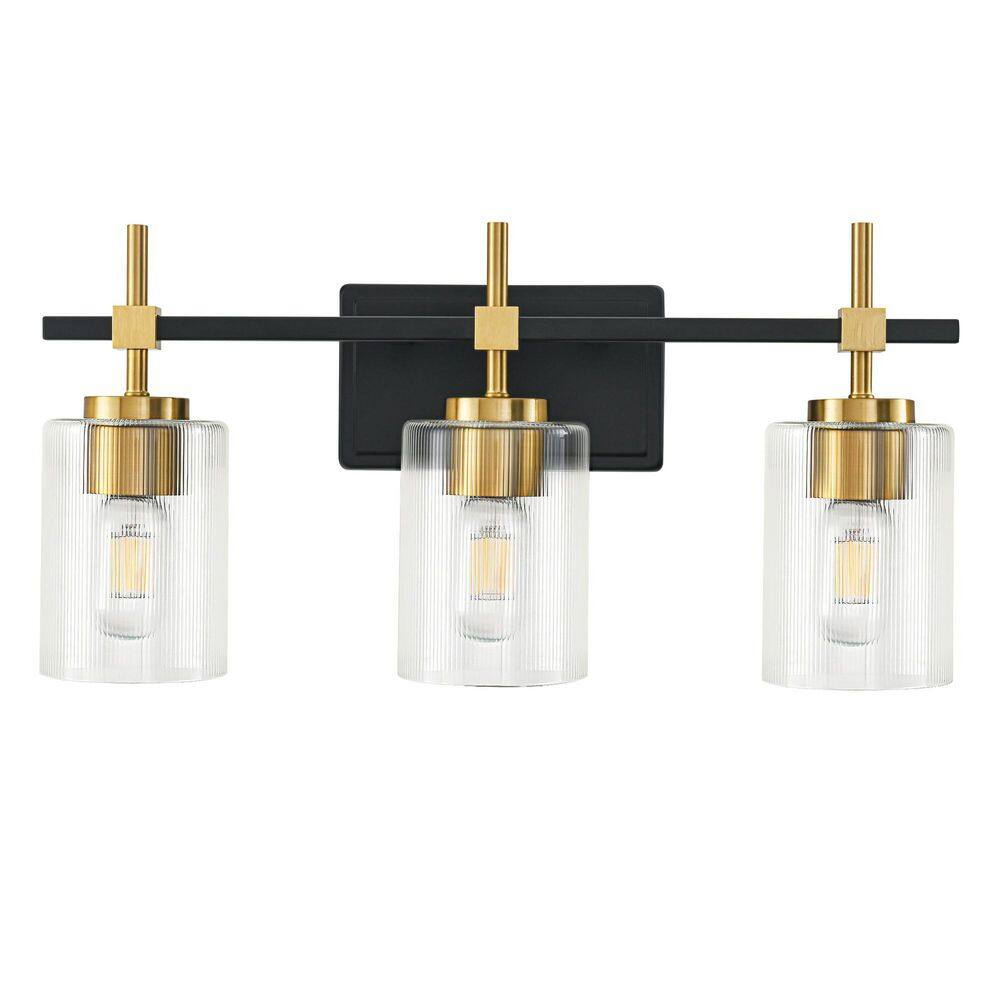 21 in. 3 Light Matt Black Paint/Gold Plating Vanity Light with Clear Ribbed Galss Shade price history on PriceWatchPro
