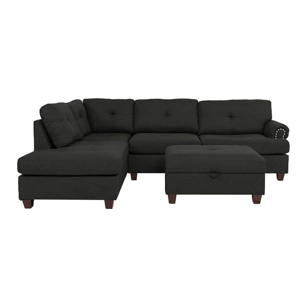 107 in. Rolled Armrest 3pc Fabric L-Shaped Sectional Sofa in. Black and White