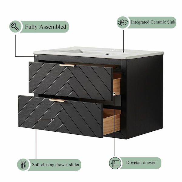 30 in. Single Sink Wall Mounted Black Bath Vanity with White Ceramic Top Full Assembled, Soft-Close