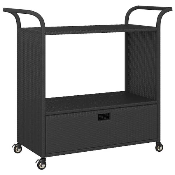 Ven Black Rattan and Steel Outdoor Serving Cart with Lockable Wheels