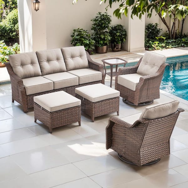 Artisan Brown 6-Piece Wicker Patio Conversation Set with Swivel Rockers, Sofa Seating Set with Olefin Beige Cushions