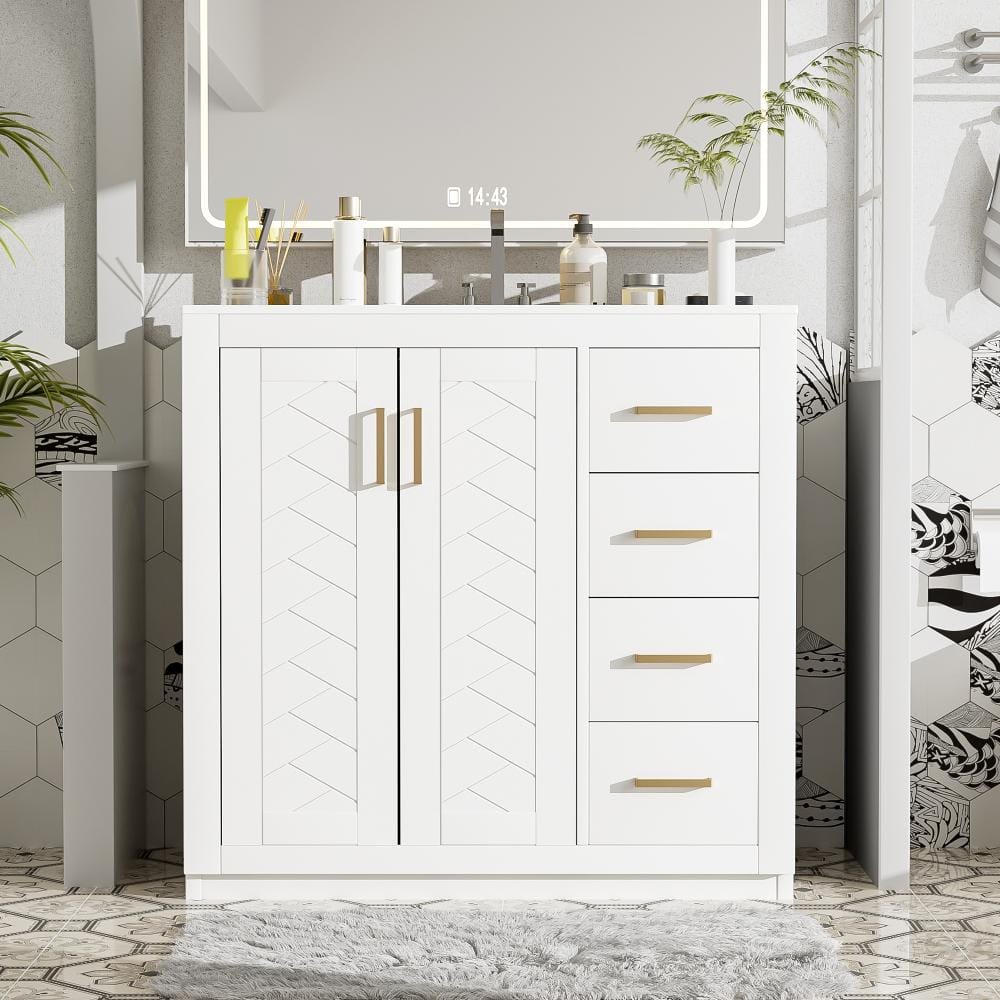 "36"" Freestanding Bathroom Vanity with Ceramic Sink, Solid Wood Frame, 3 Drawers, Soft Closing Doors" price history on PriceWatchPro