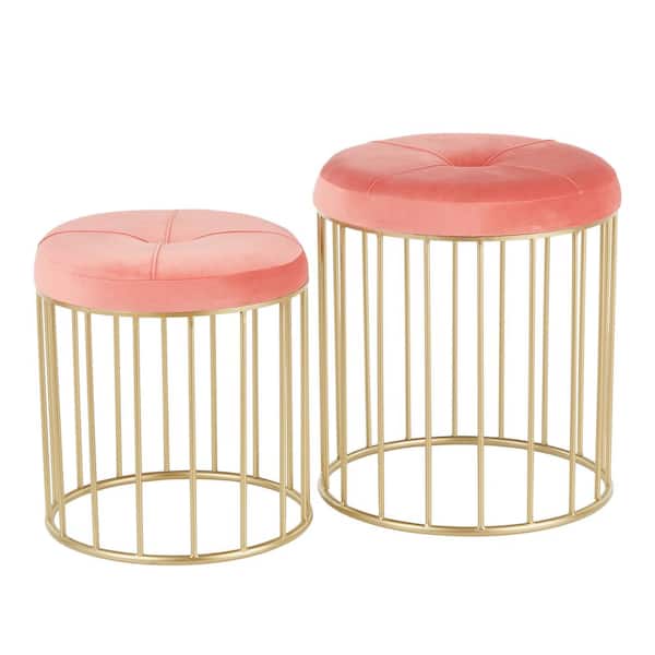 Lumisource Canary Nesting Pink Velvet and Gold Ottoman Set