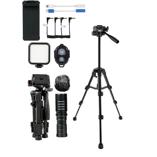 Vlogging Kit for iPhone Android Camera with Rechargeable LED Light Microphone Phone Clip Aluminum Tripod