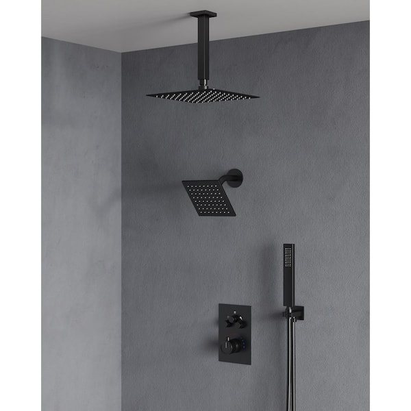 Family-Friendly 7-Spray Multiple Press 12 in. Wall Bar Shower Kit with Anti Scald 2.5 GPM in Matte Black Valve Included