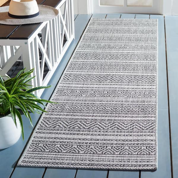 Courtyard Black/Gray 2 ft. x 8 ft. Runner Multi-Striped Indoor/Outdoor Area Rug