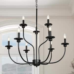 Modern Black Dining Room Candlestick Chandelier 9-Light Living Room Rustic Pendant for Bedroom Kitchen Table Staircase