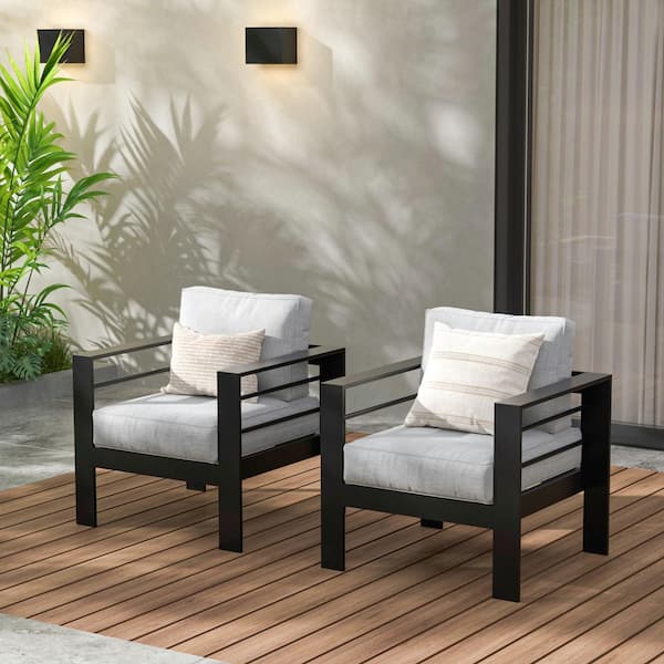 SUNVIVI Black Aluminum Outdoor Deep Seating Lounge Chair with CushionGuard Gray Cushion 2-Pack