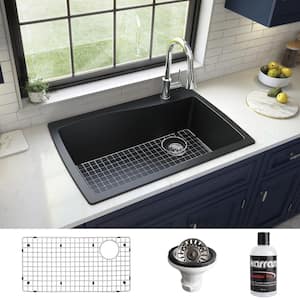 Black Quartz Composite 34 in. Single Bowl Drop-In Kitchen Sink with Accessories