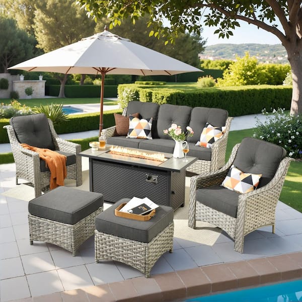Caodoc Cavara Gray 5-Piece Wicker Outdoor Patio Conversation Set with Black Cushions & Fire Pit Table and Ottoman for Garden