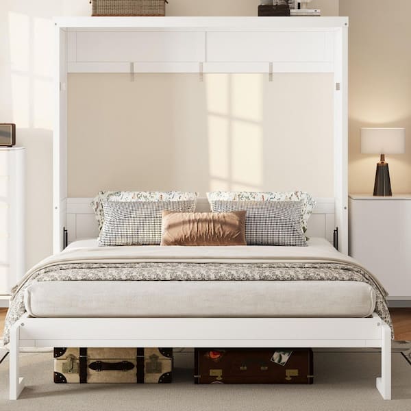 White Wood/Metal Frame Full Size Murphy Bed with Space-saving Design
