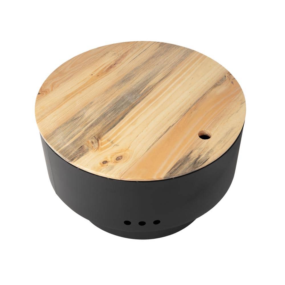 28" Black Powder-Coated Steel Fire Pit with Wooden Top