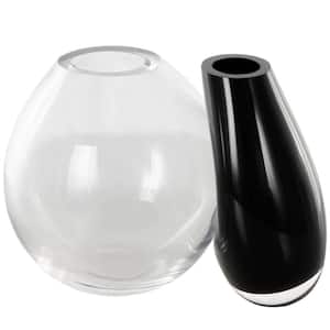 Black Handmade 2 Opening Recycled Glass Abstract Decorative Vase with Clear Glass Accent