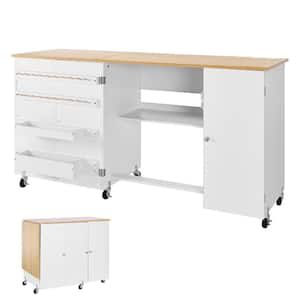 Folding Sewing Machine Table with Cabinet and Charging Station, 62 in. Top, Storage Trays, Wooden Pegs and Wheels