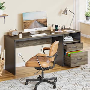 59.84 in. Computer Desk with 2 Storage Drawers Power Outlet and Lift Top Retro Grey Oak Dark