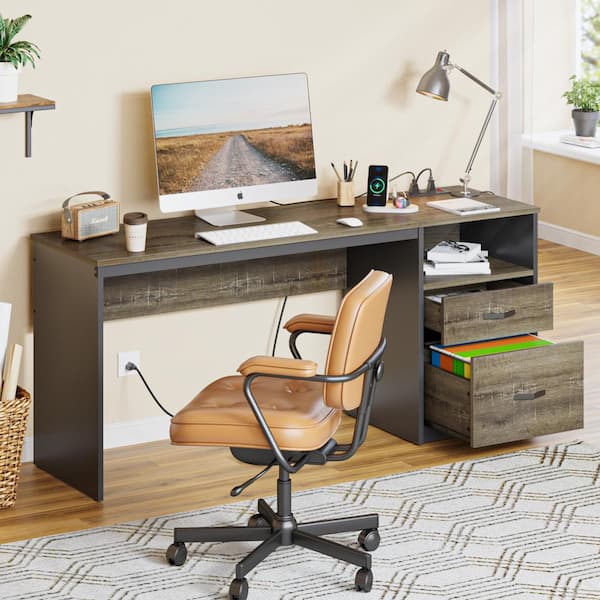 Bestier 59.84 in. Computer Desk with 2 Storage Drawers Power Outlet and Lift Top Retro Grey Oak Dark