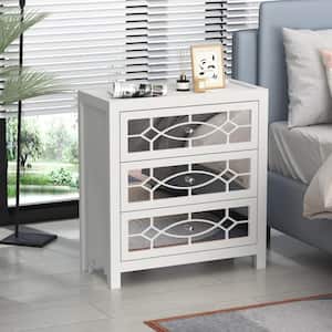 3-Mirrored Drawers White Wood Nightstands Bedside Table With Mirror Finish 11.8 in. D x 26 in. W x 28 in. H