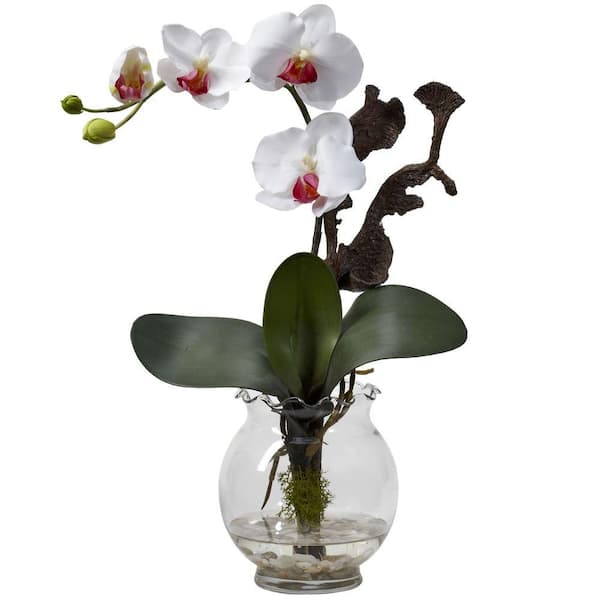 Nearly Natural - 15 in. Artificial H White Mini Phalaenopsis with Fluted Vase Silk Flower Arrangement